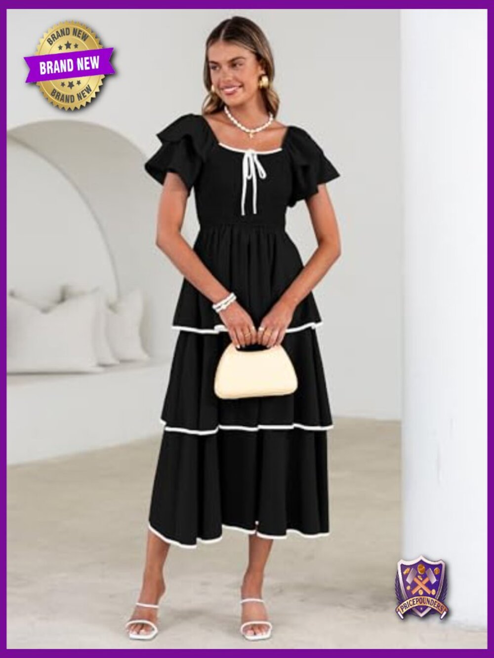 Smocked Tiered Midi Dress Square Neck Ruffle Short Sleeve Boho Flowy Guest - Picture 3 of 7